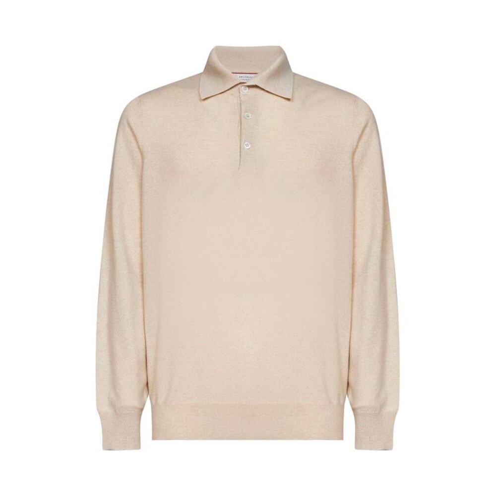 Brunello Cucinelli Men Champagne Cashmere Knit Polo Shirt